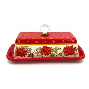 Pioneer Woman Holiday Cheer Red Gold Poinsettias Stoneware Covered Butter Dish